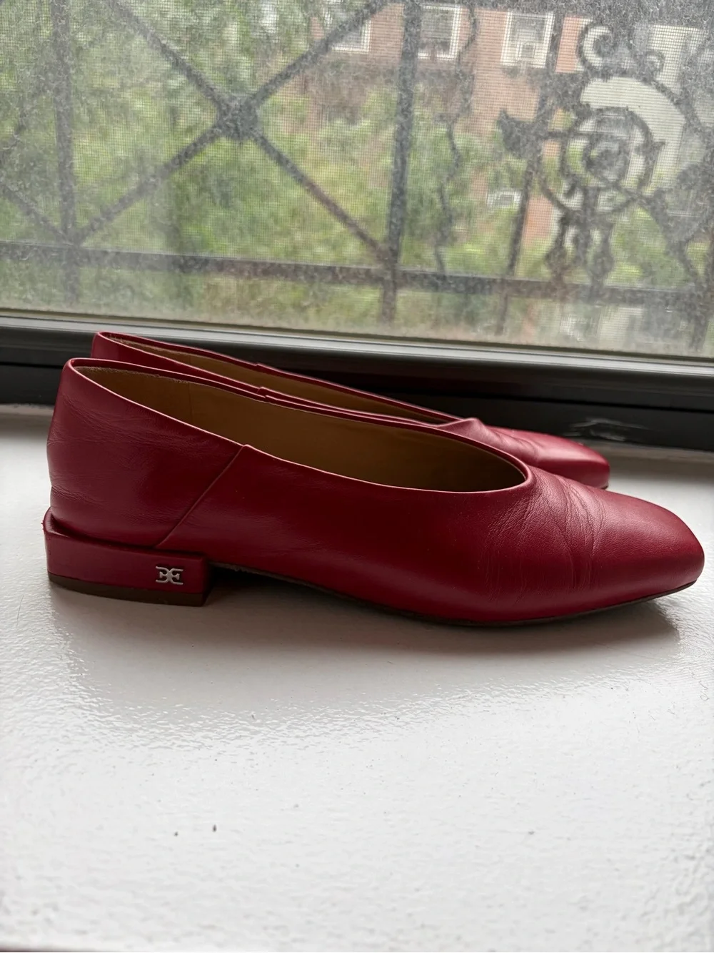 Sam Edelman Red Leather Square-Toe Low Block Flats - Picture 2 of 4